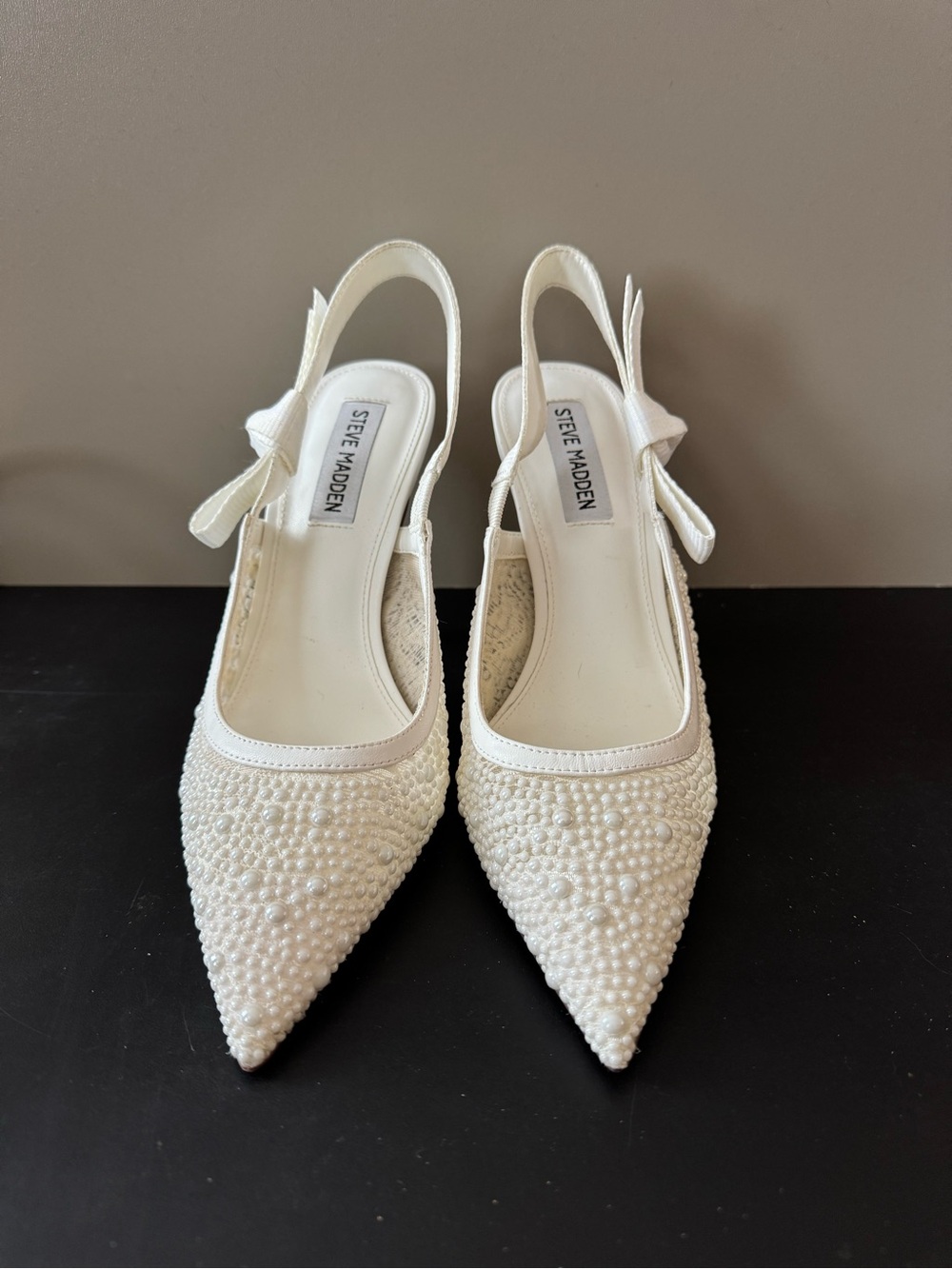 Steve Madden Ivory Pearl-Embellished Pointed Slingback Heels